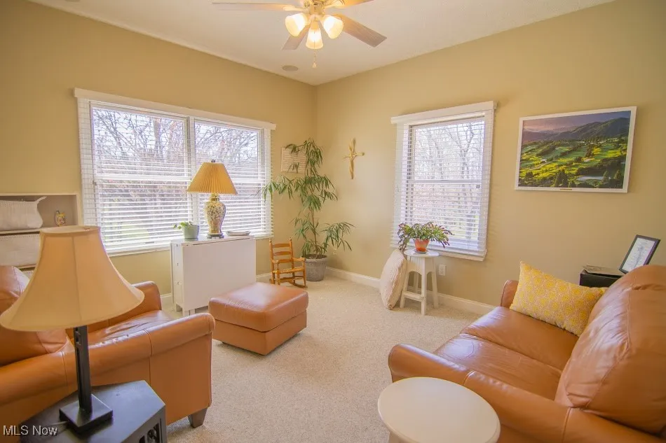 Carpeted living room with baseboards and a ceiling fan