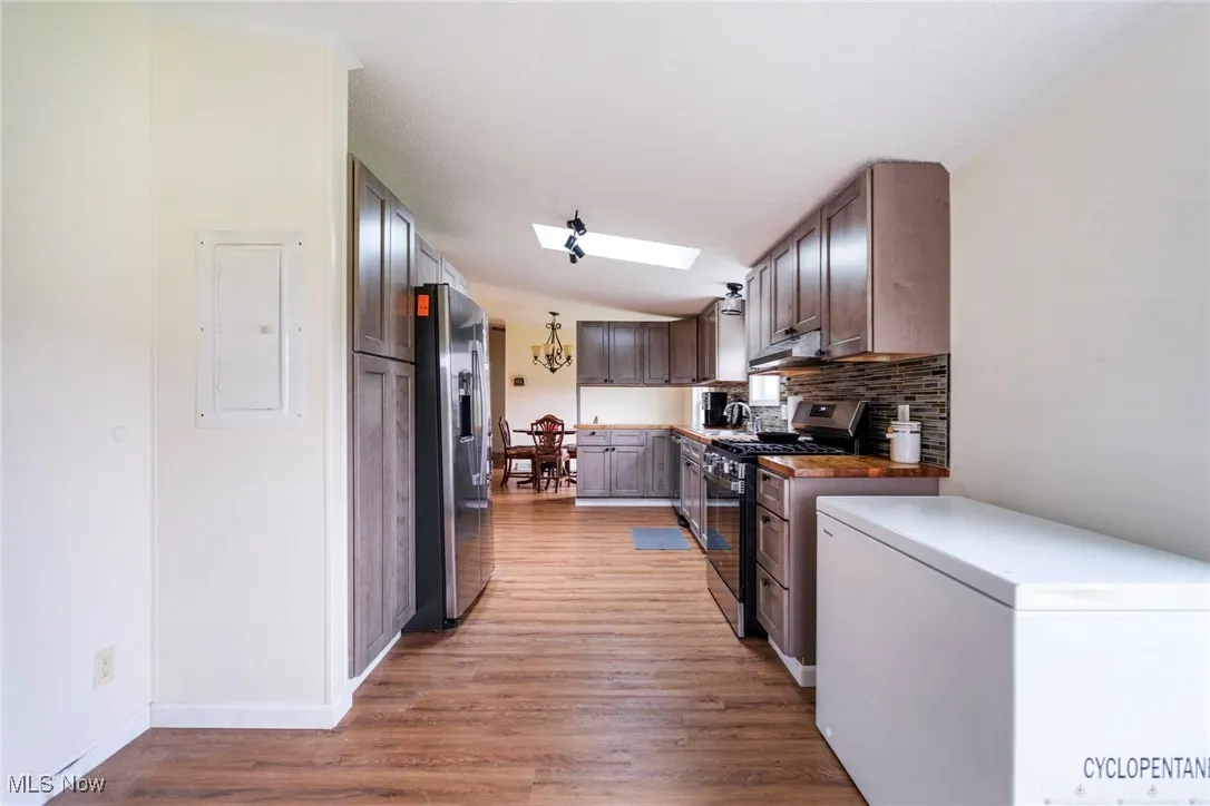 Kitchen with vaulted ceiling with skylight, electric panel, appliances with stainless steel finishes, light wood finished floors, and backsplash