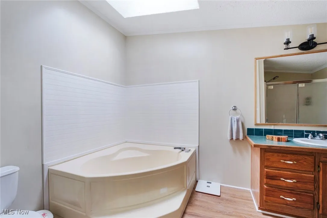 Bathroom with vanity, wood finished floors, a skylight, a stall shower, and a garden tub