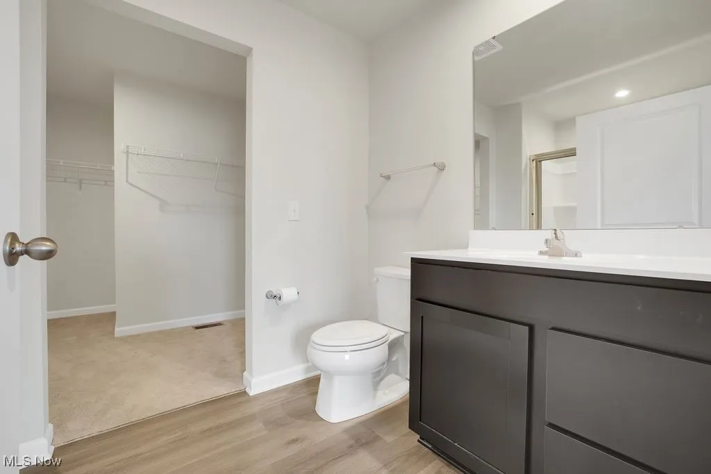 Bathroom with vanity, baseboards, a spacious closet, toilet, and wood finished floors