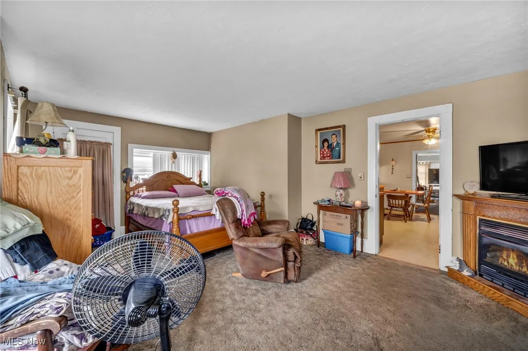 Carpeted bedroom with a glass covered fireplace