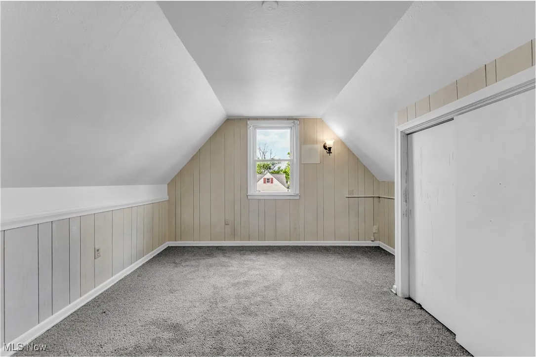 Bonus room featuring carpet, lofted ceiling, and wood walls