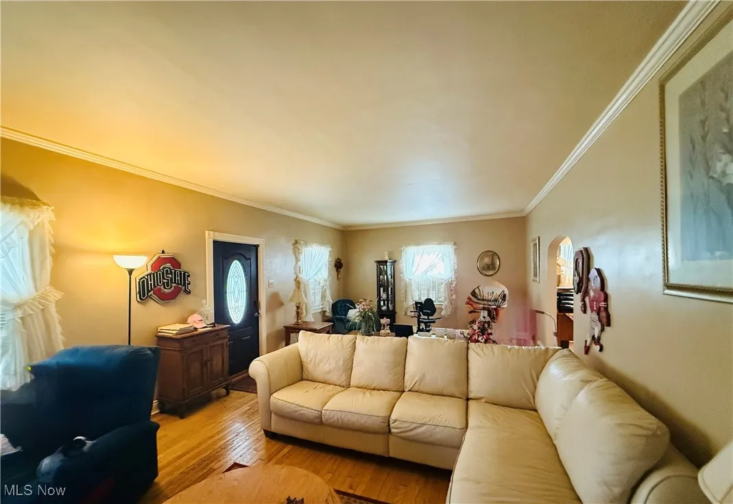 Living room featuring crown molding and light wood finished floors