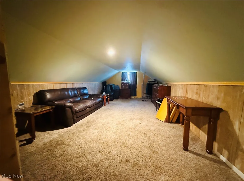Bonus room featuring wooden walls, carpet, a wainscoted wall, and lofted ceiling