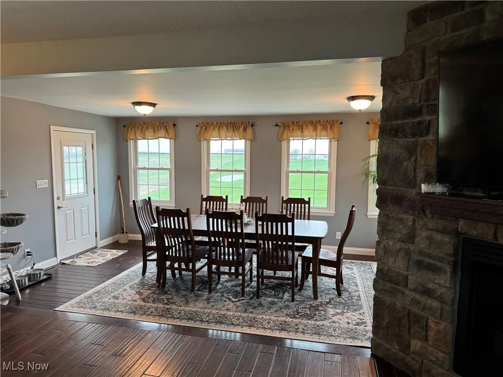 Dining area featuring a fireplace, baseboards, and hardwood / wood-style floors