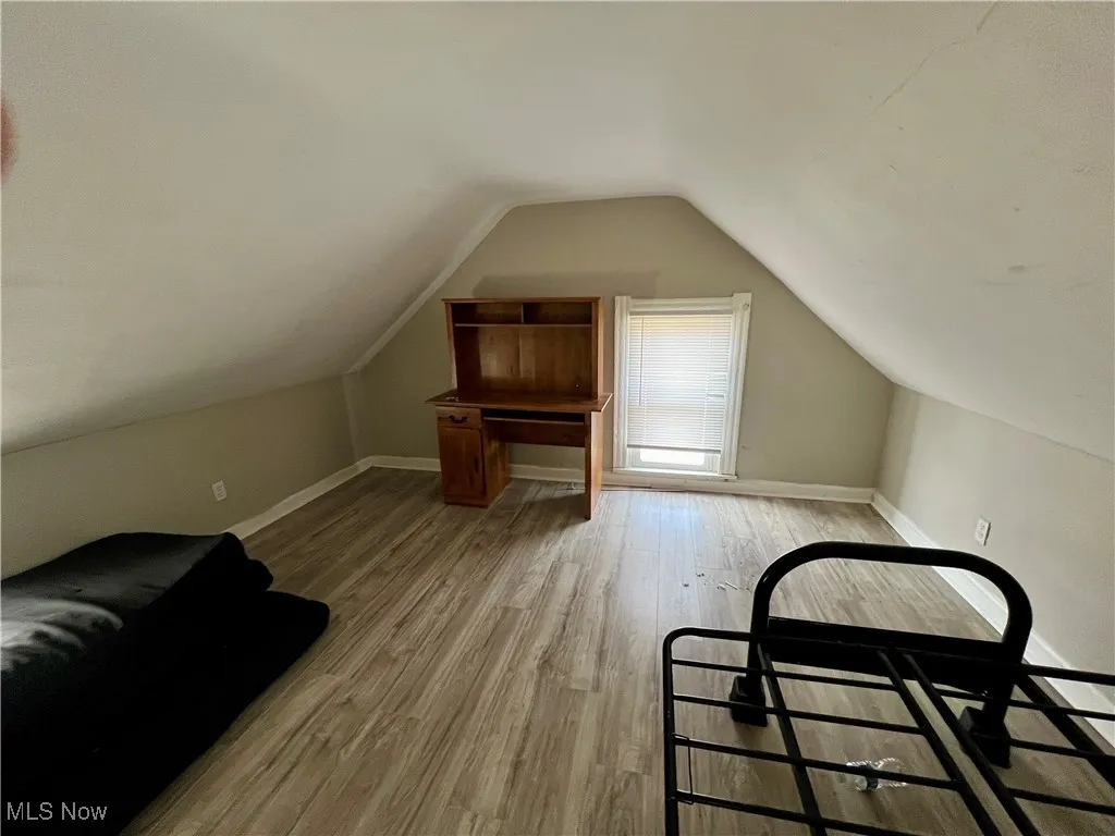 Additional living space with wood finished floors, baseboards, and vaulted ceiling