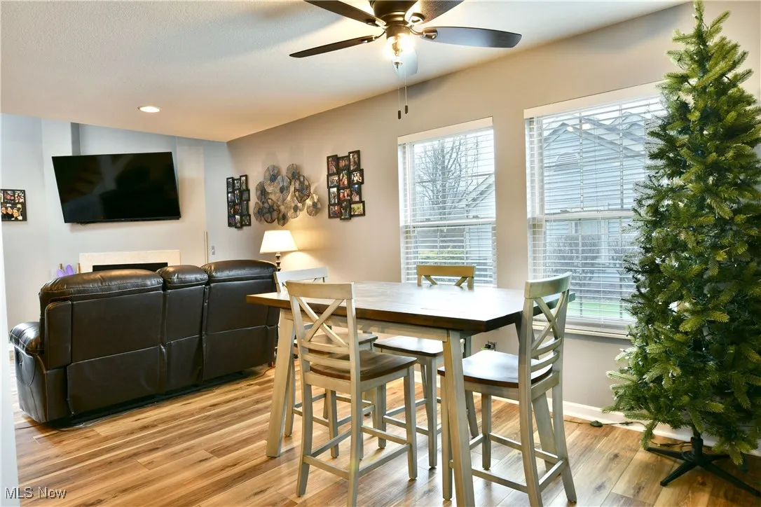 Dining space featuring recessed lighting, light wood-style floors, baseboards, and ceiling fan