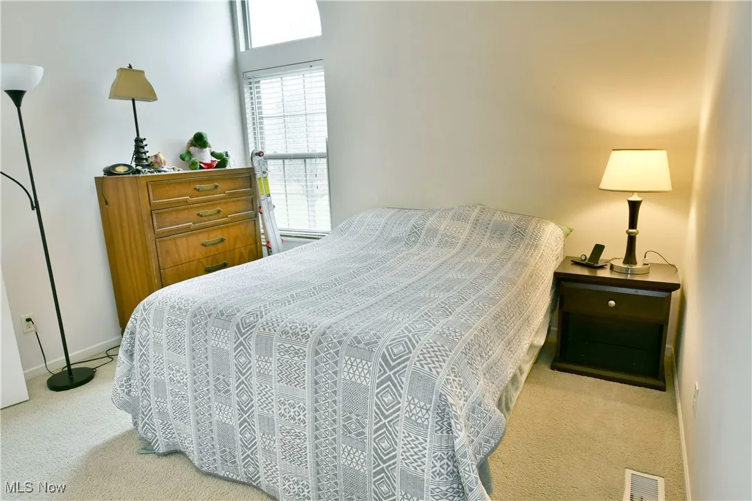 Carpeted bedroom with visible vents and baseboards