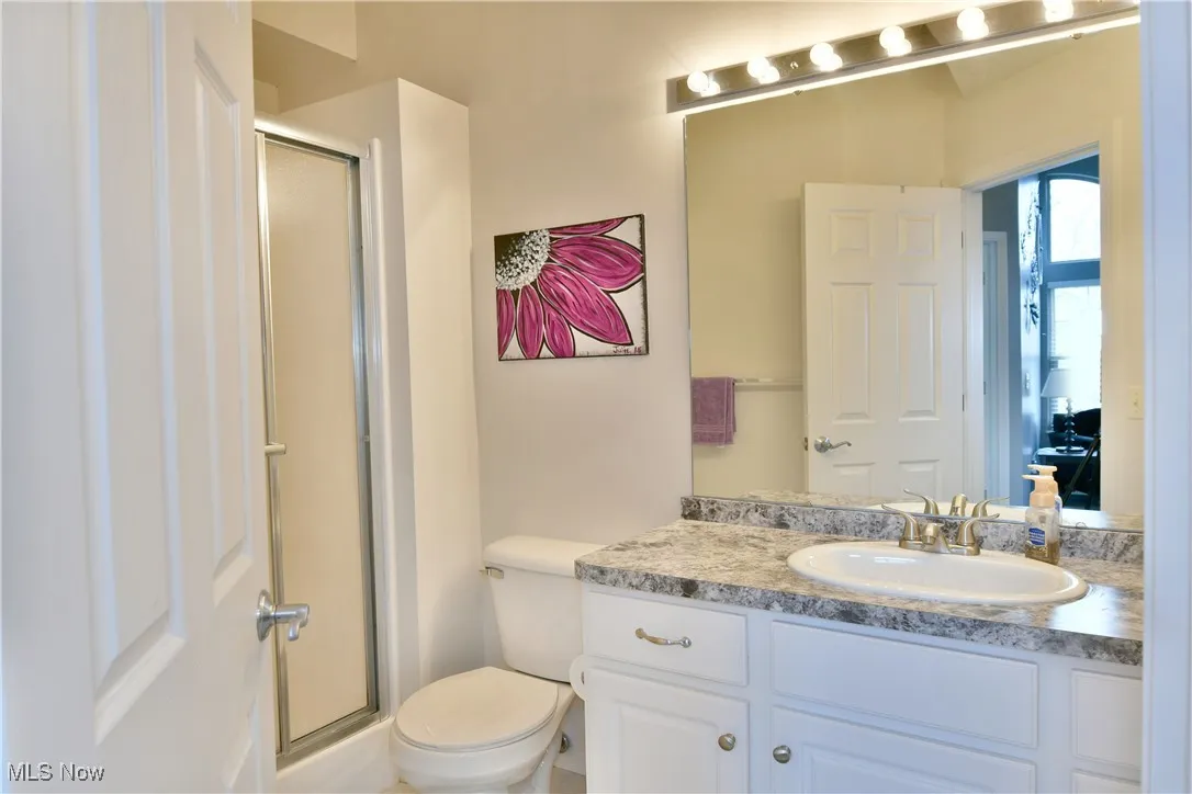 Bathroom featuring toilet, a stall shower, and vanity