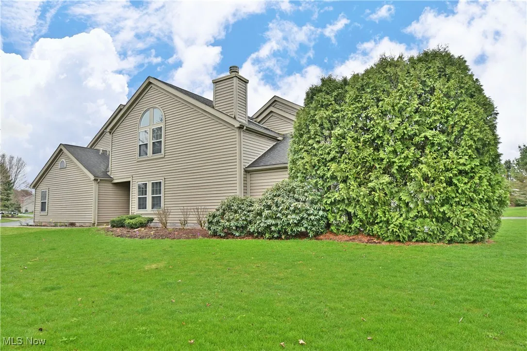 View of home's exterior with a chimney and a lawn
