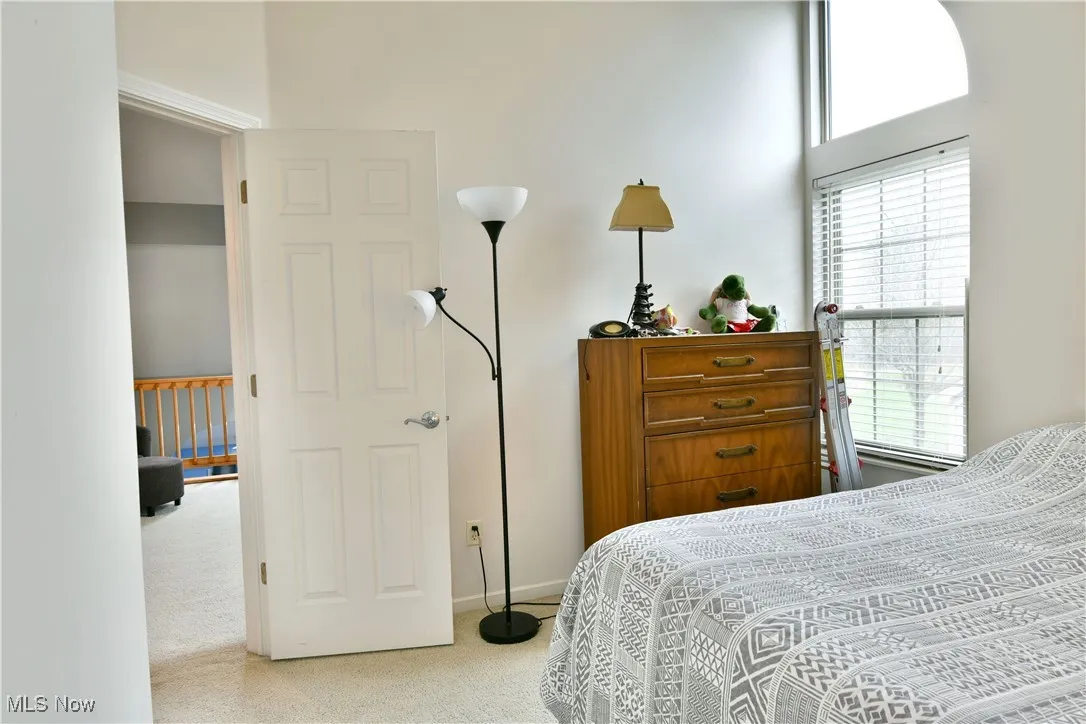 Carpeted bedroom with multiple windows and a high ceiling