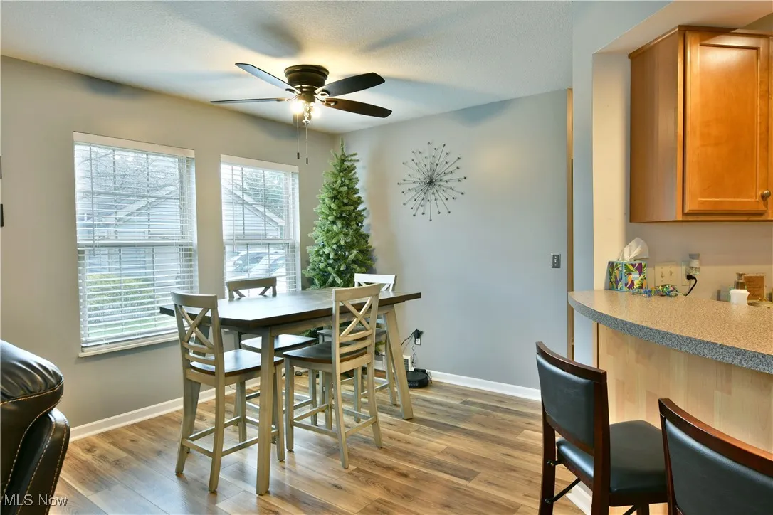 Dining area featuring baseboards, light wood-type flooring, and a ceiling fan
