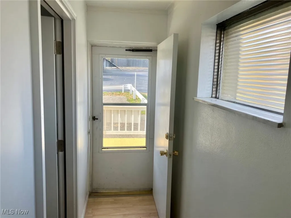 Entryway with baseboards and light wood-type flooring
