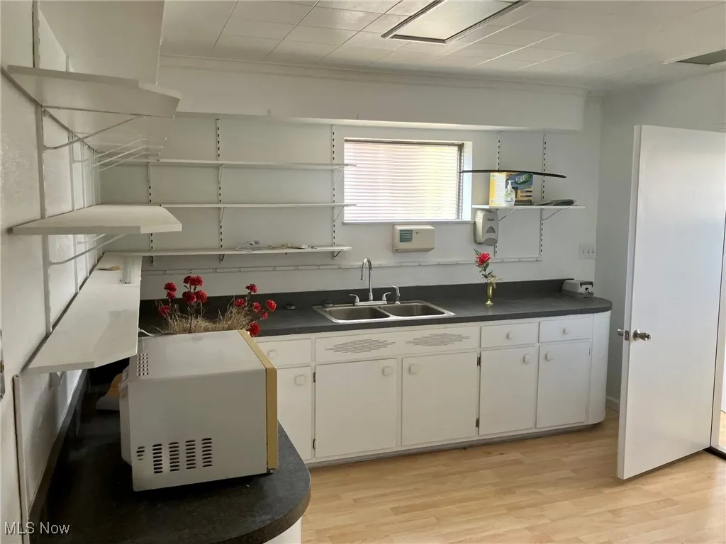 Kitchen with a sink, light wood-style floors, open shelves, and dark countertops