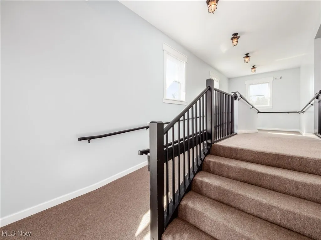 Staircase with baseboards and carpet flooring