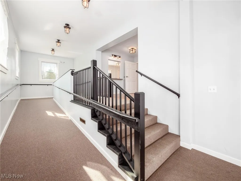 Stairs with baseboards and carpet floors
