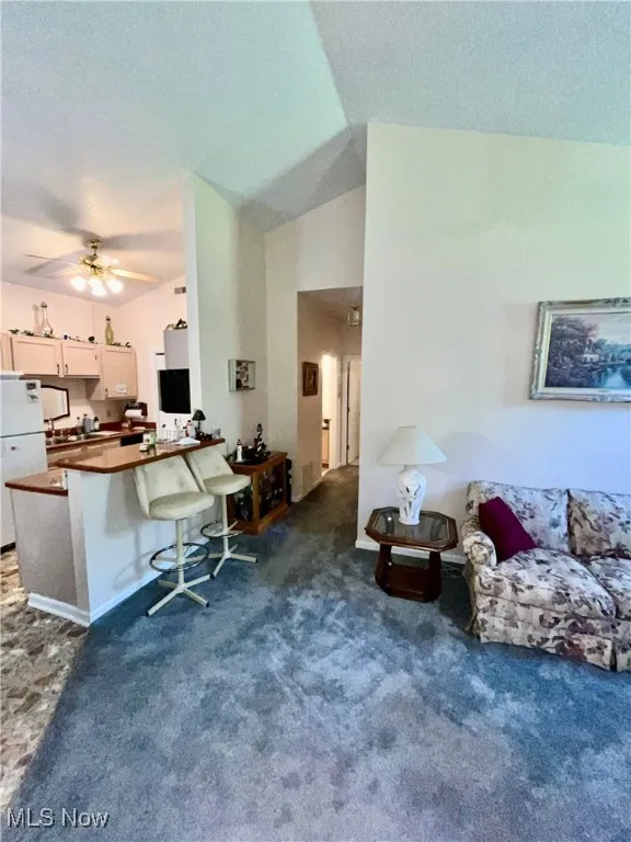 Living room with carpet flooring and ceiling fan