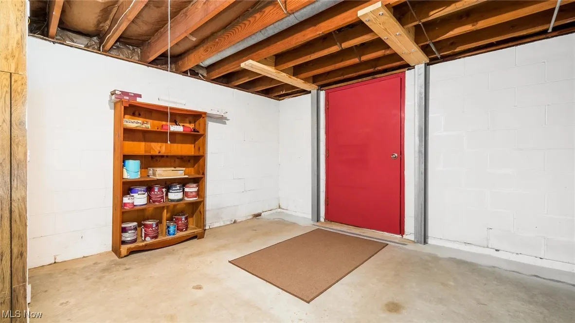 Unfinished basement with concrete block wall