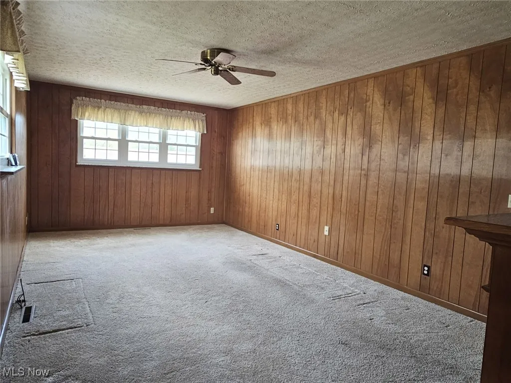 Showing view of gas log ventless fireplace and side door, as well as entry to kitchen (behind door) and basement