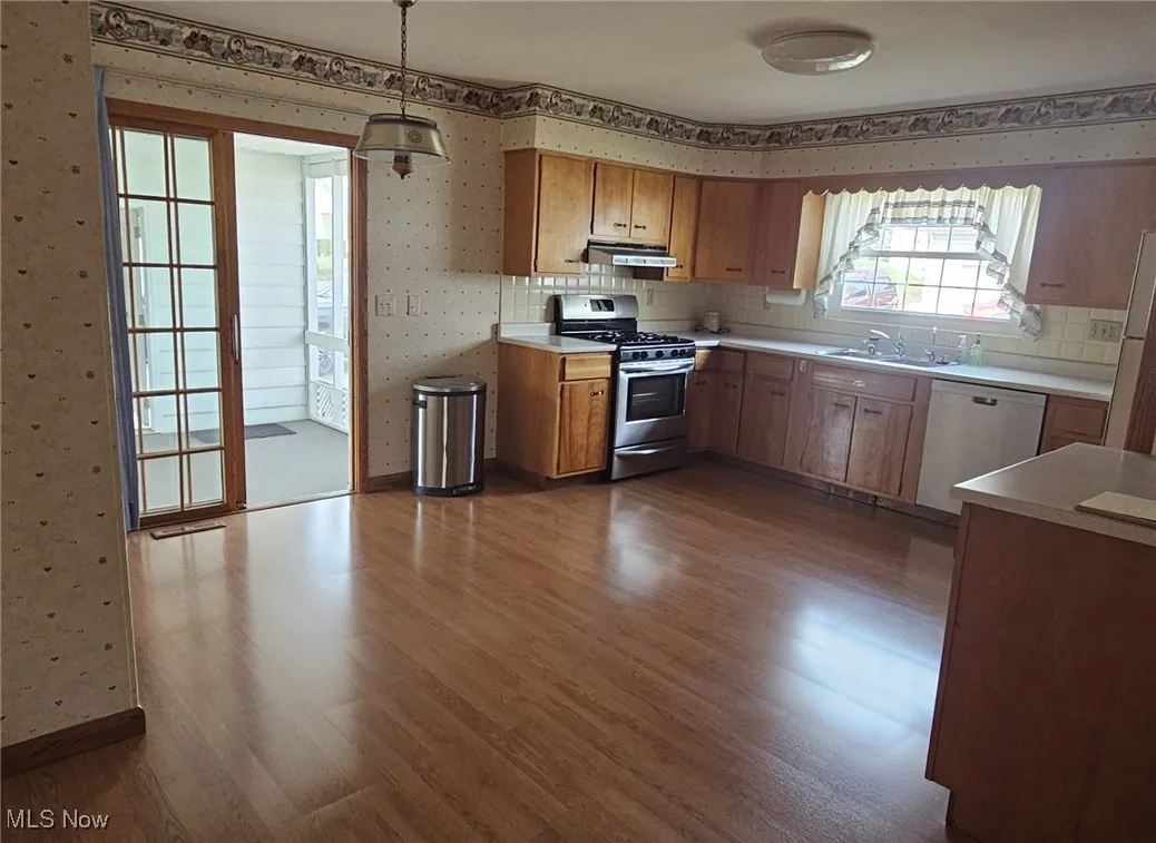 Kitchen view showing side door entrance