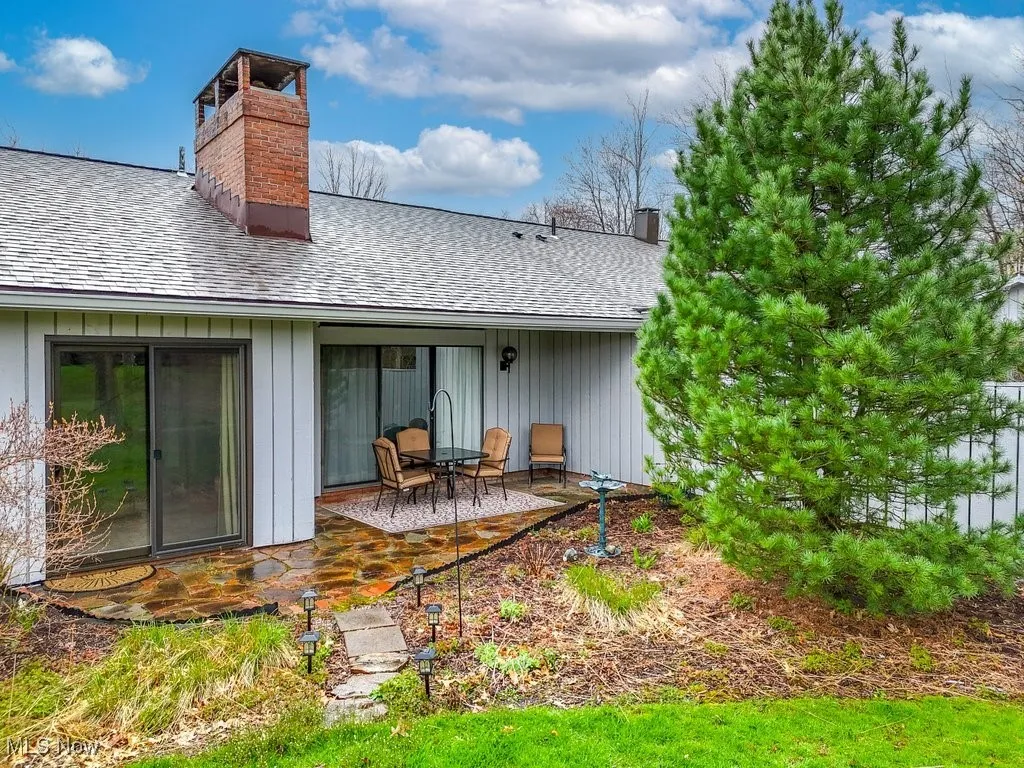Rear view of property with a shingled roof, a patio, and a chimney