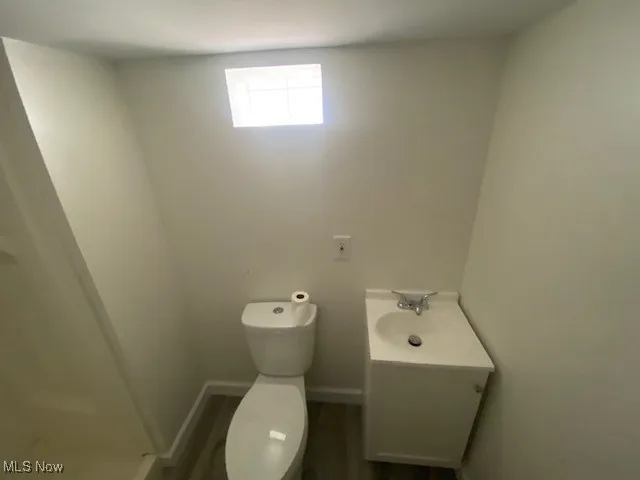 Bathroom with vanity, a shower, and wood finished floors