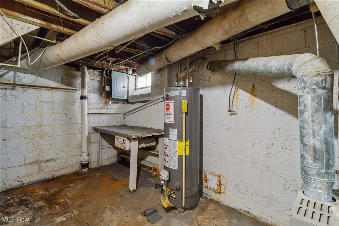 Below grade area featuring electric panel and gas water heater