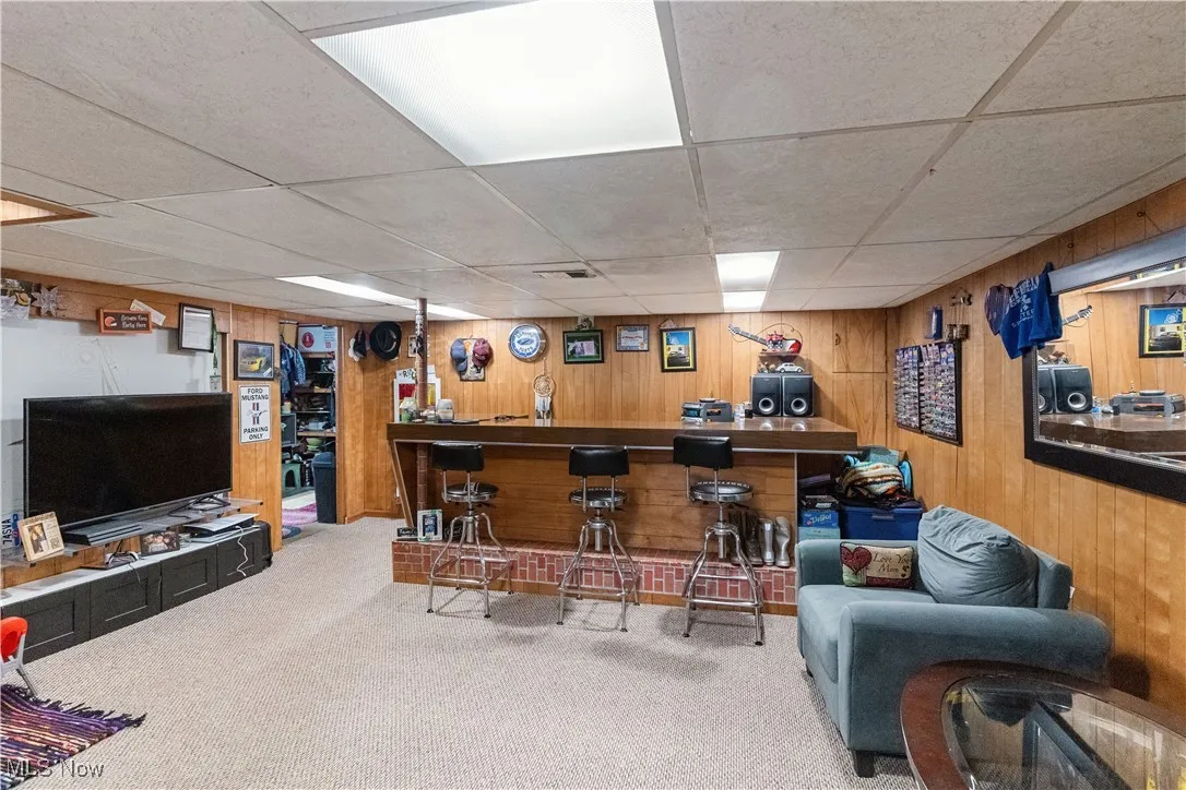 Bar with wood walls, a dry bar, a drop ceiling, and carpet