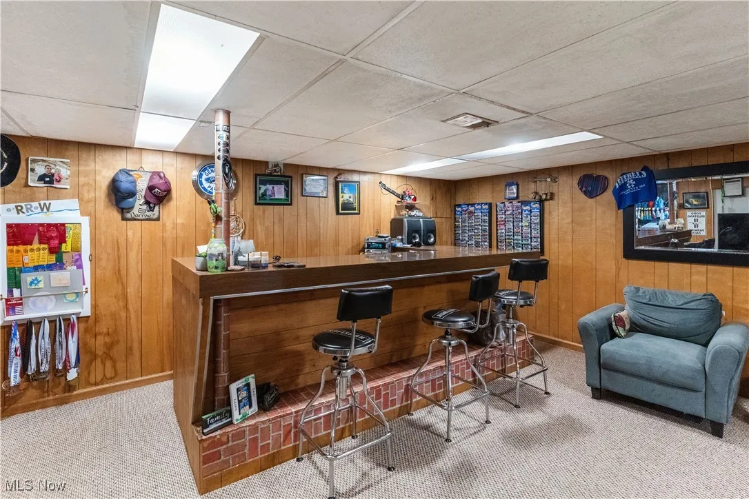 Bar featuring wood walls, carpet, and a bar