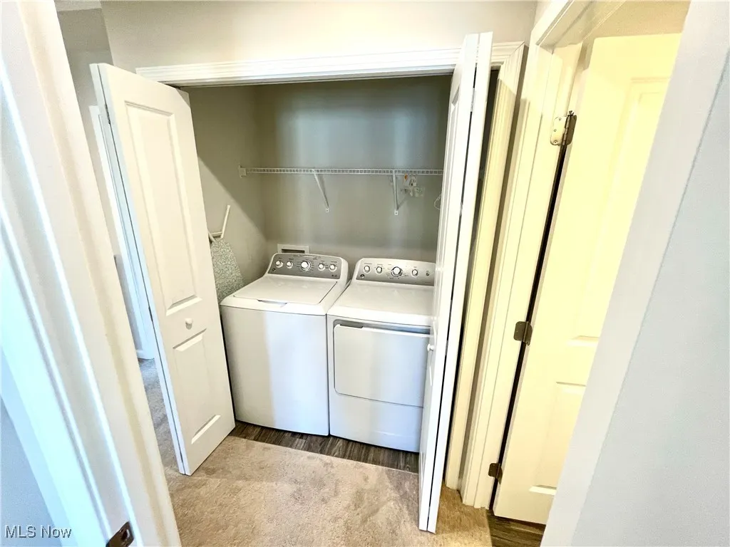 Laundry area featuring washing machine and clothes dryer, light carpet, and laundry area