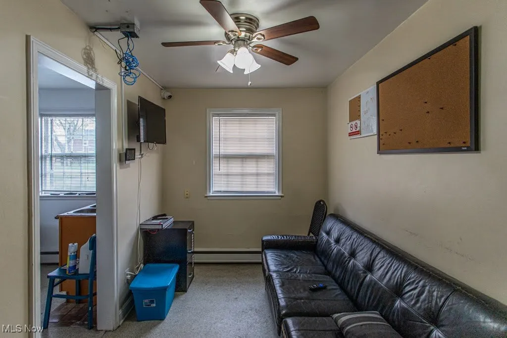 Living room featuring a healthy amount of sunlight, ceiling fan, carpet flooring, and a baseboard heating unit