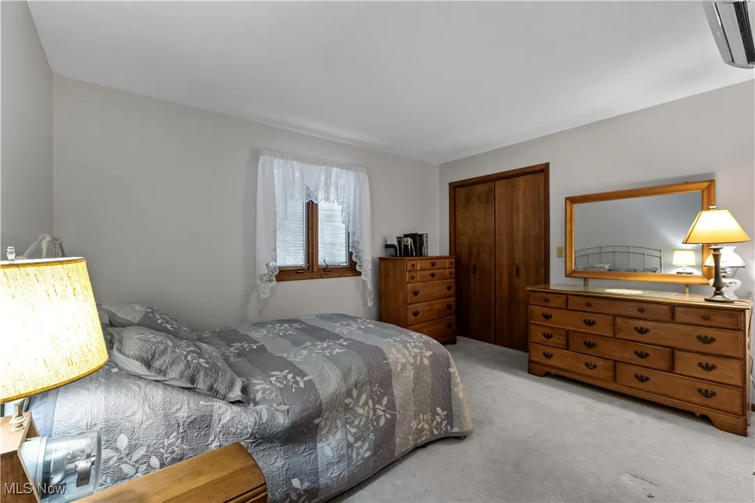 Carpeted bedroom with closet
