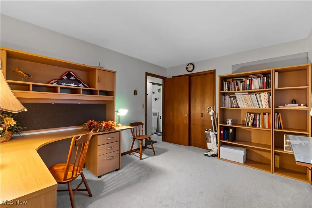 Carpeted bedroom with closet