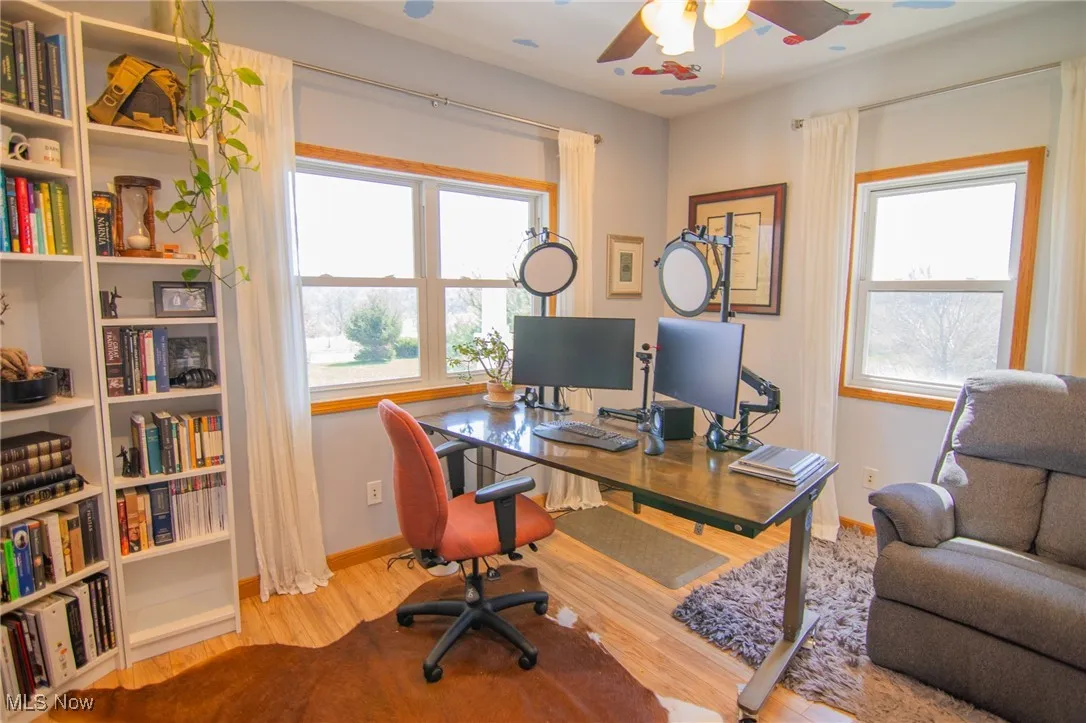 Home office featuring plenty of natural light, a ceiling fan, wood finished floors, and baseboards