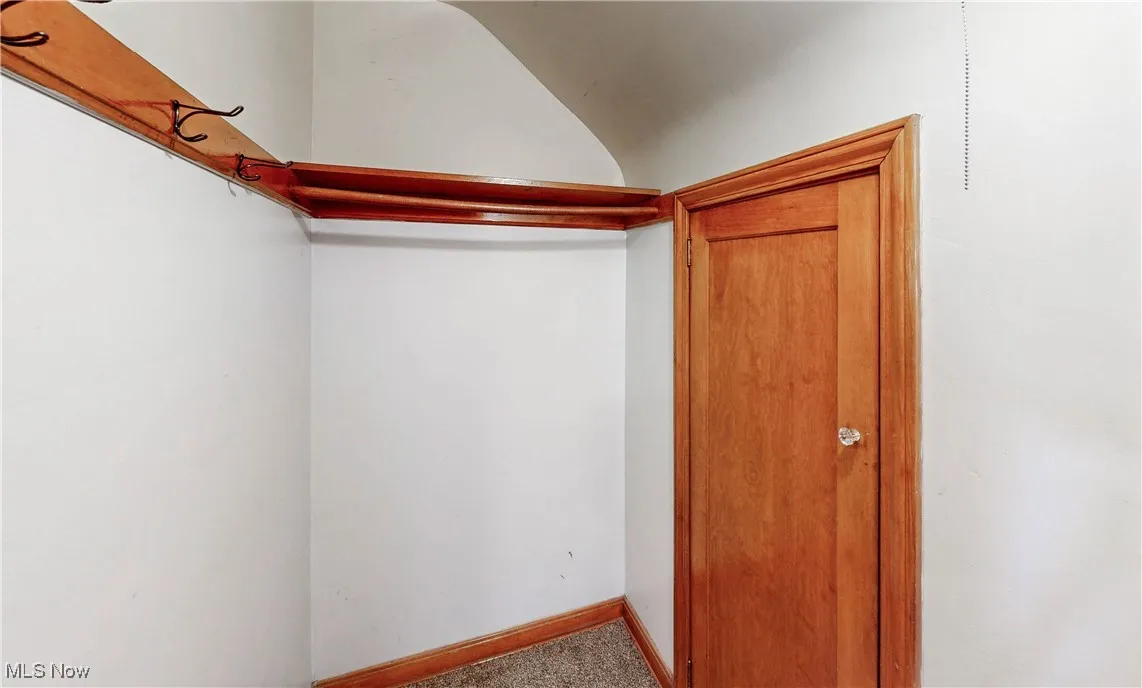 huge Walk in closet with vaulted ceiling and carpet