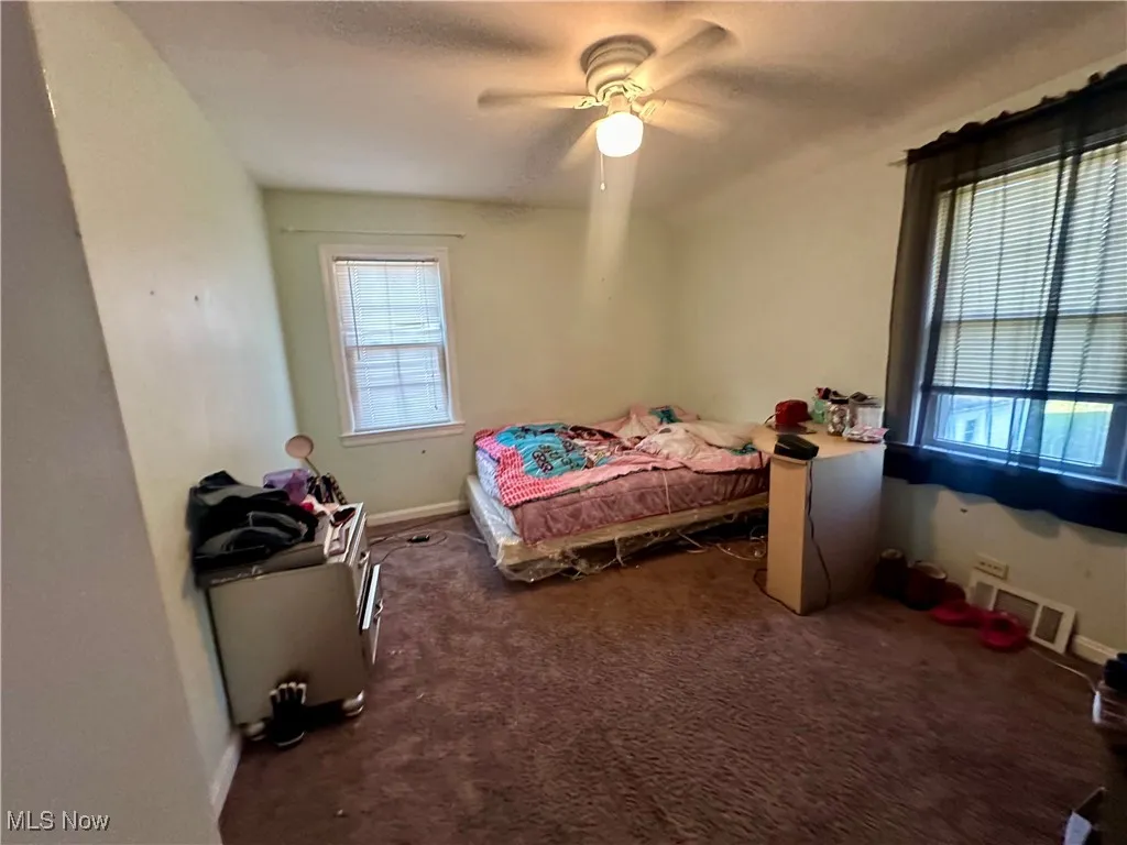 Carpeted bedroom featuring a ceiling fan, multiple windows, baseboards, and visible vents