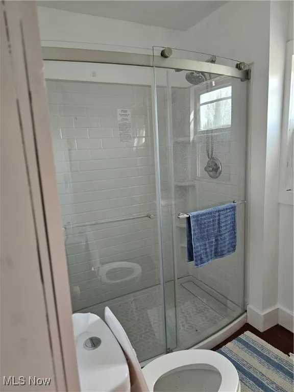 Full bath featuring a stall shower, wood finished floors, and toilet