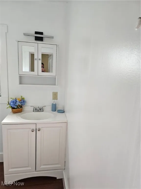 Bathroom featuring vanity and wood finished floors