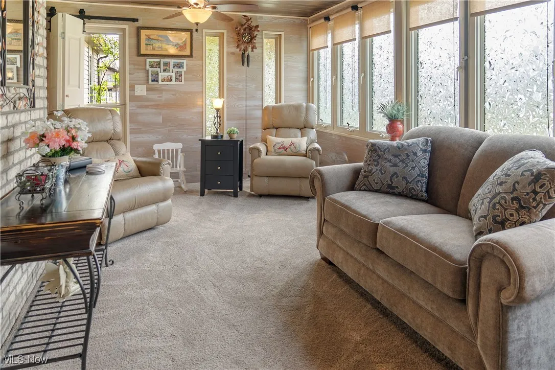 Living room with carpet, a ceiling fan, and a wealth of natural light