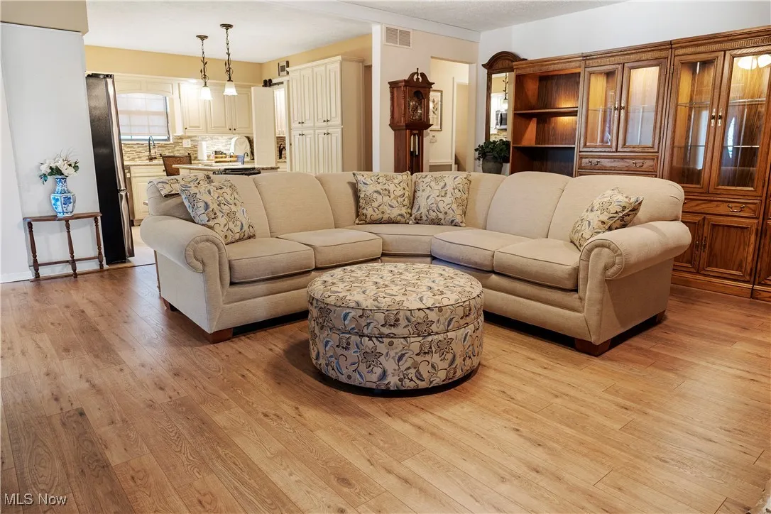 Living area featuring light wood finished floors and visible vents