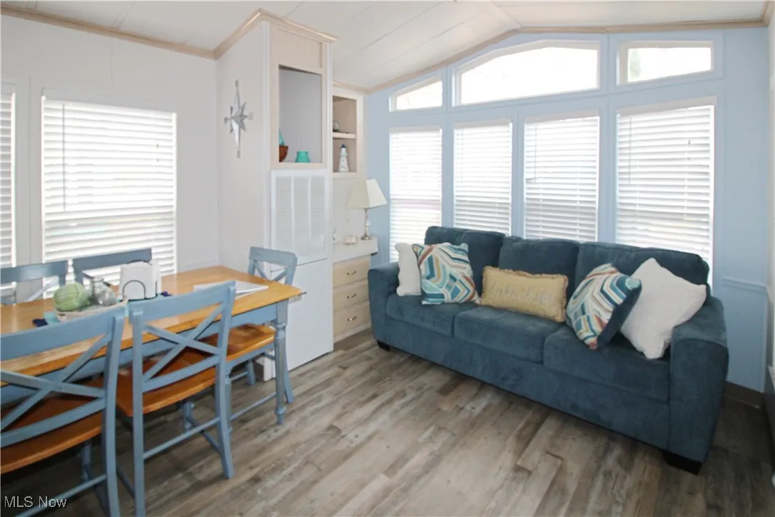 Living room featuring lofted ceiling and light wood-style floors