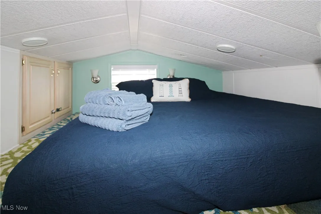 Bedroom with vaulted ceiling and carpet flooring