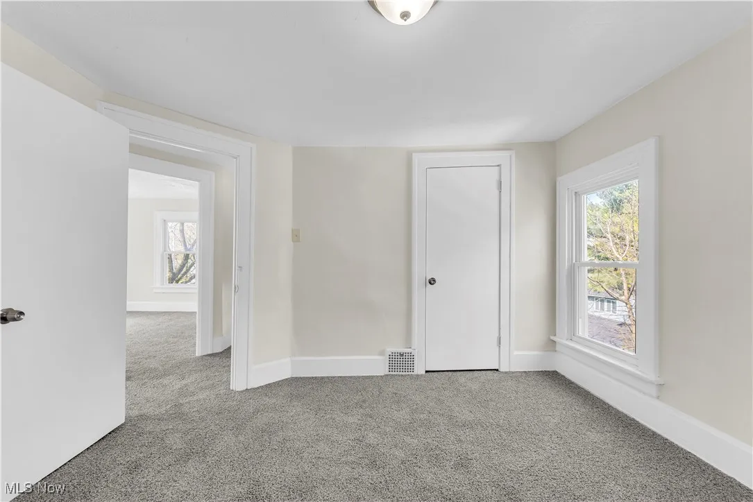 Spare room featuring a wealth of natural light, baseboards, visible vents, and carpet floors