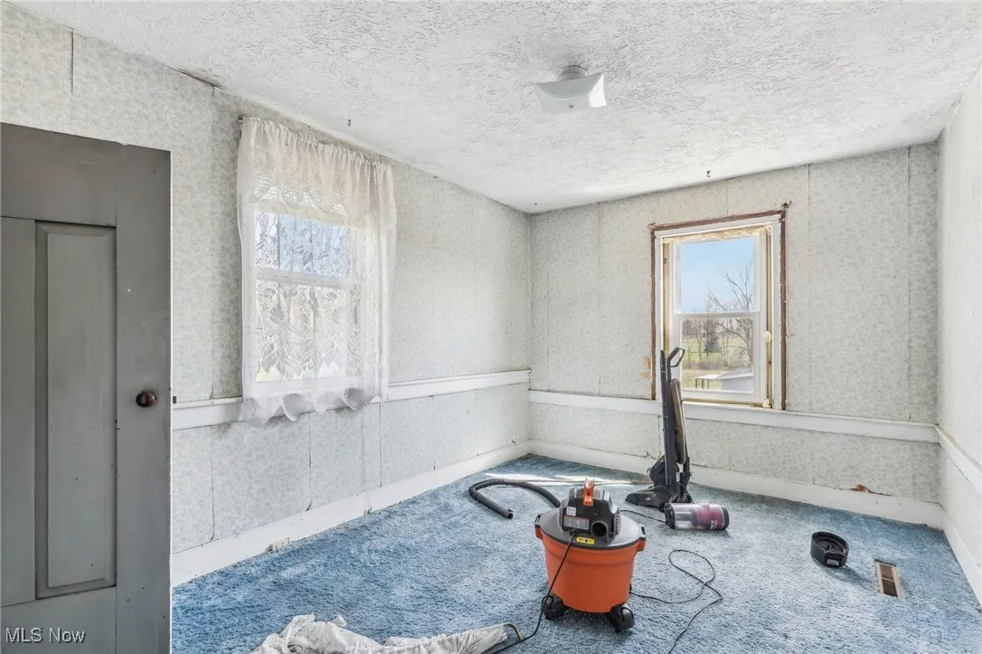 Workout room with wallpapered walls, carpet flooring, and a wealth of natural light