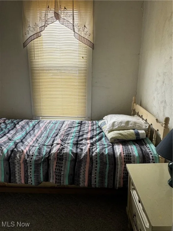 Bedroom with dark carpet