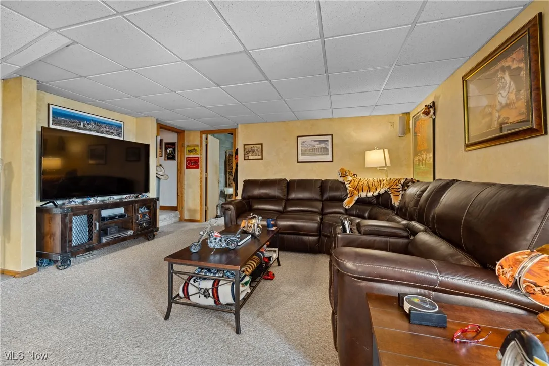 Living room with a drop ceiling, carpet floors, and baseboards