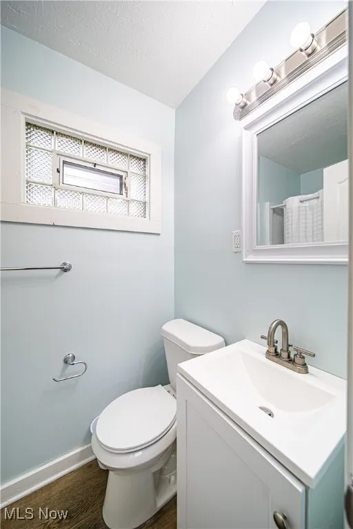 Bathroom with vanity, wood-type flooring, and toilet