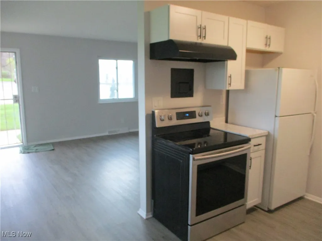 Kitchen with electric stove, ight grey laminate wood-style floors, white cabinetry, under cabinet range hood, and freestanding refrigerator