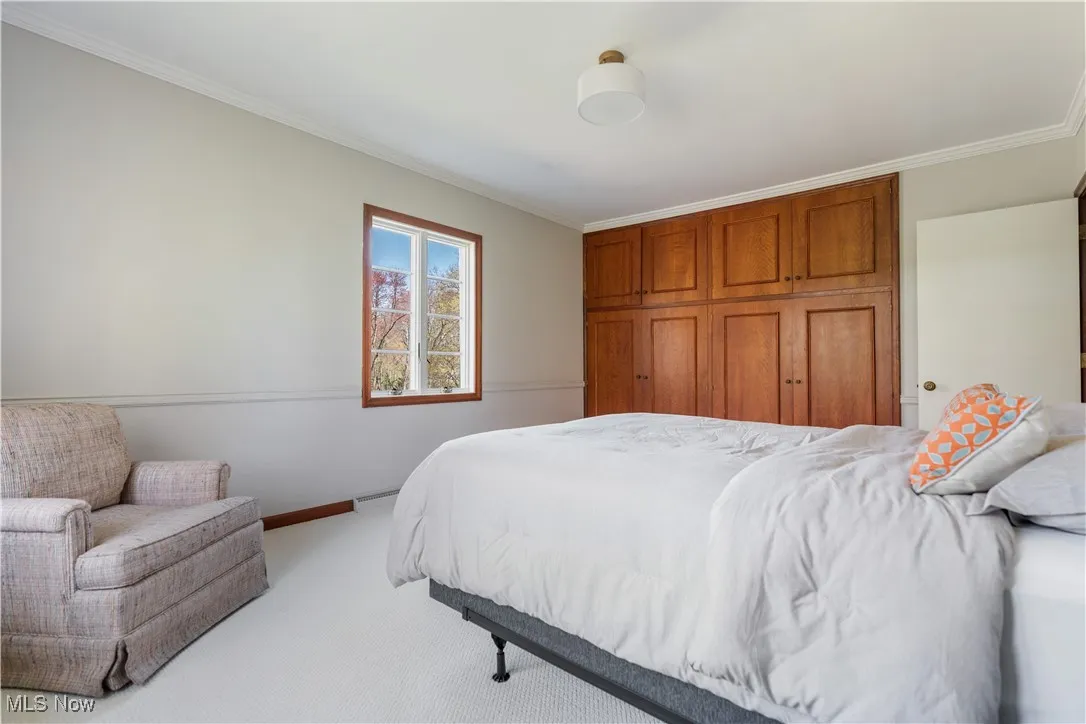 Bedroom with baseboards, baseboard heating, carpet flooring, and ornamental molding