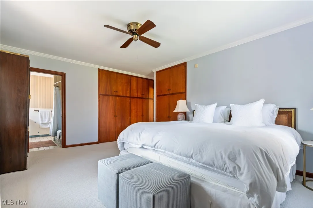 Bedroom featuring ceiling fan, light carpet, ornamental molding, and baseboards